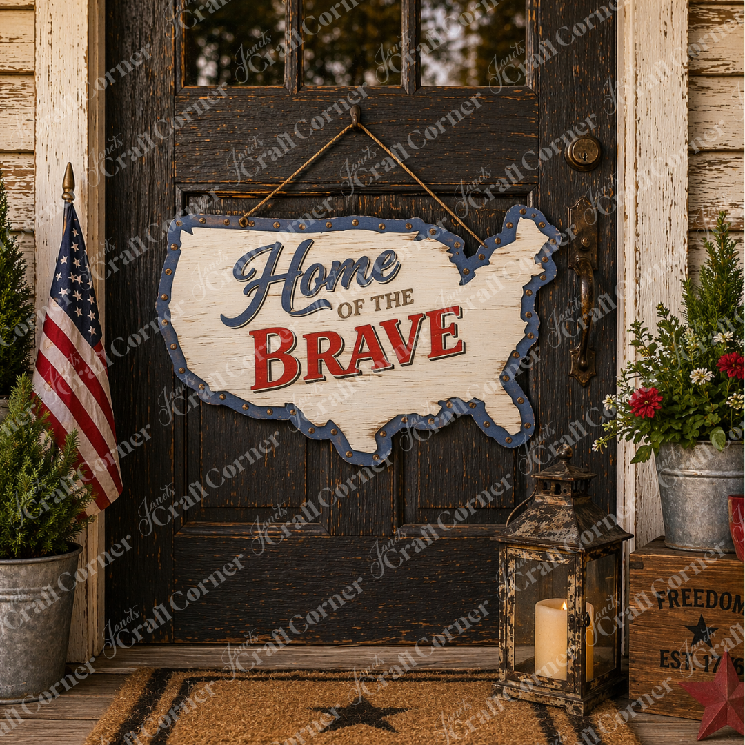 A rustic front door features Janet's Craft Corner's "Home of the Brave" Door/Wall Hanger. Nearby are farmhouse wall art, potted plants, a lantern with candle, and an unfinished wood craft box marked "FREEDOM" and "EST.