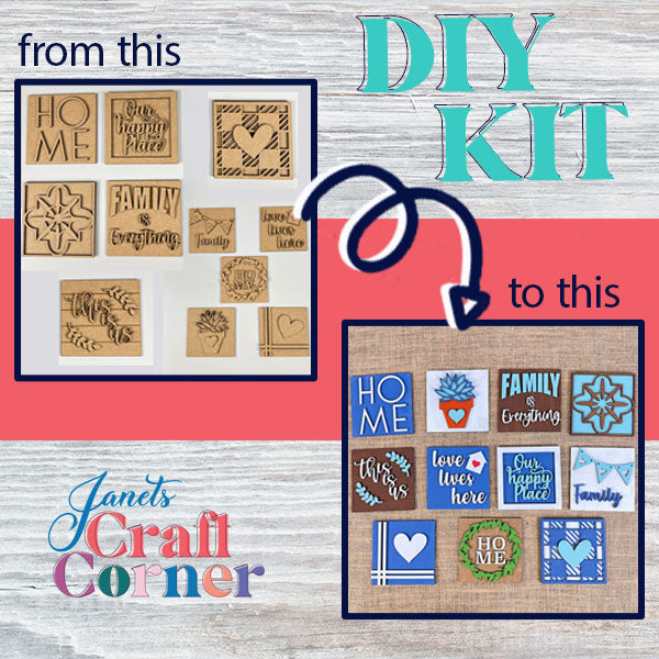 The Home Family Interchangeable Squares DIY kit from Janet's Craft Corner demonstrates a remarkable transformation: on the left, you'll find wooden stamps featuring words such as "home" and "family," while on the right, you can see the finished colorful mini signs that are ideal for elevating your home decor with similar designs and phrases.