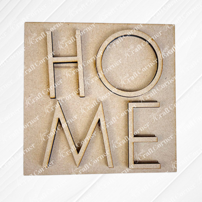 Home Squares by Janet's Craft Corner features wood cut-out letters spelling "HOME" in a square layout—ideal for tiered tray decor or your Swappable Squares collection. Displayed on a light textured background.