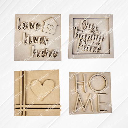 Janet's Craft Corner Home Squares: set of four wood cut-outs with "love lives here" & heart, "Our happy place," heart design, and "HOME" with a heart for the O—perfect tiered tray decor or Swappable Squares.