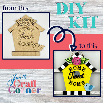 DIY birdhouse kit transformation: Left, the unpainted Home Tweet Home Birdhouse Door Hanger from Janet's Craft Corner showcases a charming design. Right, it shines as an elegant home décor piece with bold black and white stripes, lively accents, and a decorative rose on top.