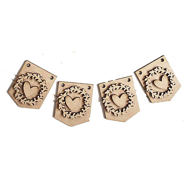 The Home Tiered Tray Set by Janet's Craft Corner includes four wooden banner pieces with carved heart designs at the center, connected by string. Each features a foliage pattern surrounding the heart, exuding rustic charm with a handcrafted appearance, perfect as a DIY kit to enhance your tiered tray decor.