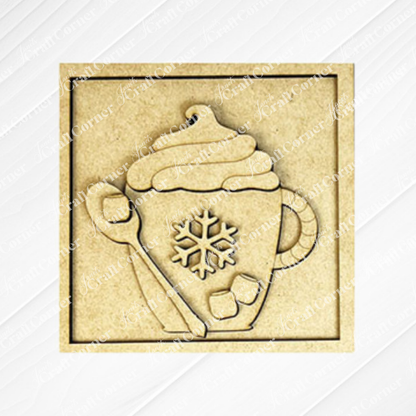 Janet's Craft Corner Hot Cocoa Squares feature a stylized square wooden carving of a cup with whipped cream, a snowflake design, and three marshmallows—ideal for DIY seasonal decor or tiered tray signs.