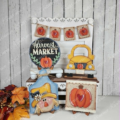 Janet's Craft Corner fall harvest DIY wood decor set featuring pumpkin, truck, and scarecrow designs for tiered trays.