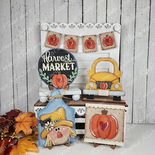 Janet's Craft Corner fall harvest DIY wood decor set featuring pumpkin, truck, and scarecrow designs for tiered trays.