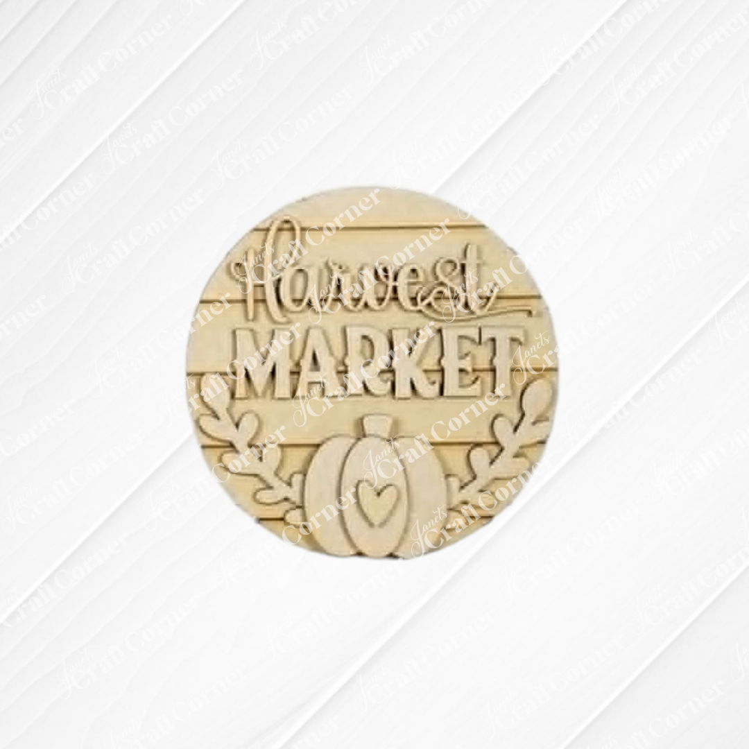 Janet's Craft Corner unfinished wood Harvest Market round sign for DIY fall home decor and tiered tray styling