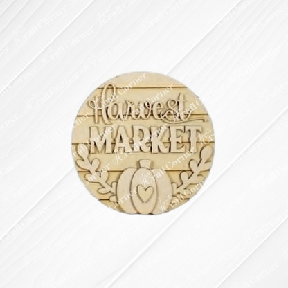 Janet's Craft Corner unfinished wood Harvest Market round sign for DIY fall home decor and tiered tray styling