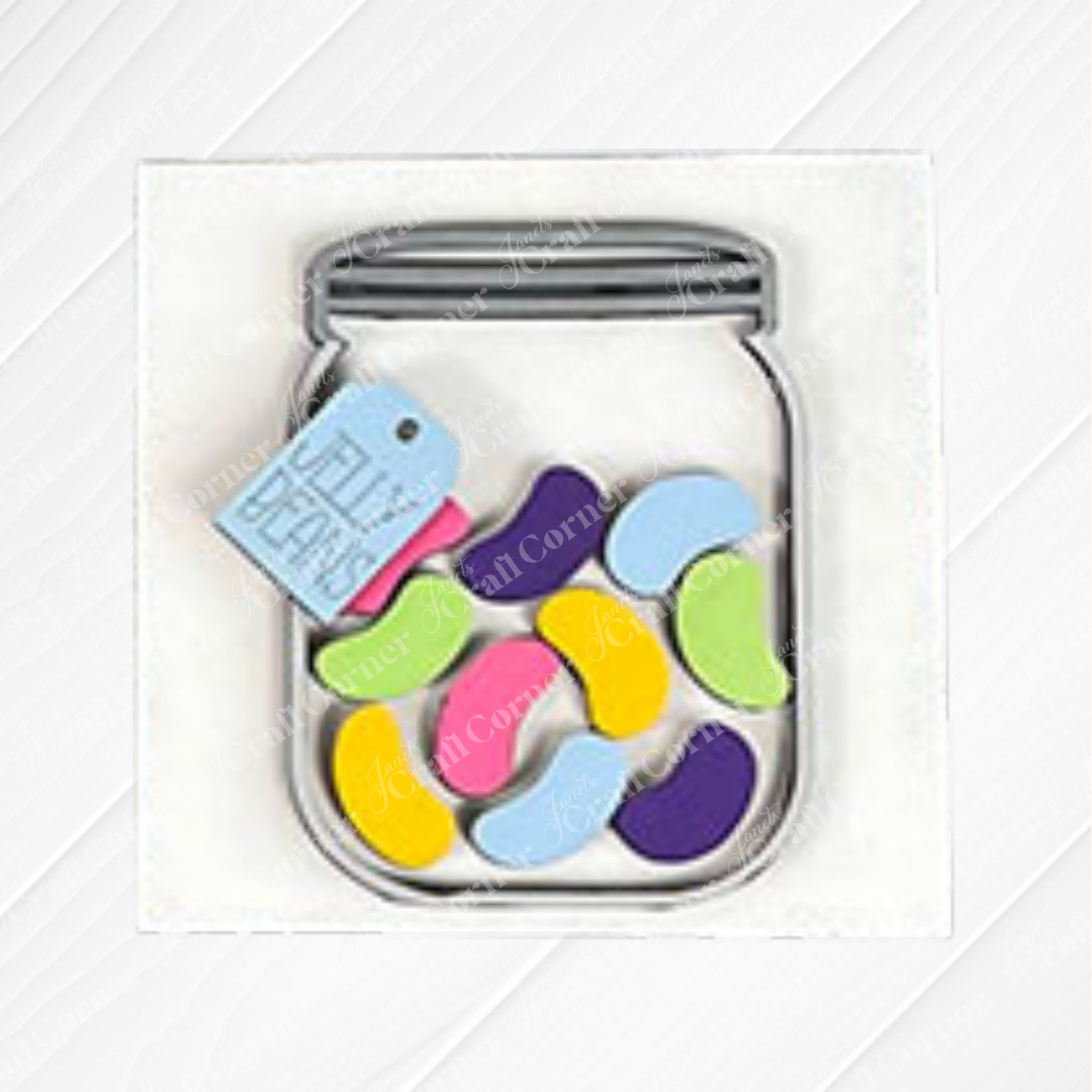 A drawing of a glass jar filled with colorful jelly beans, featuring a blue “Jelly Beans” tag. Set against a white, subtly striped background, this Hello Easter Squares art by Janet's Craft Corner is perfect for festive decor or DIY craft kits.