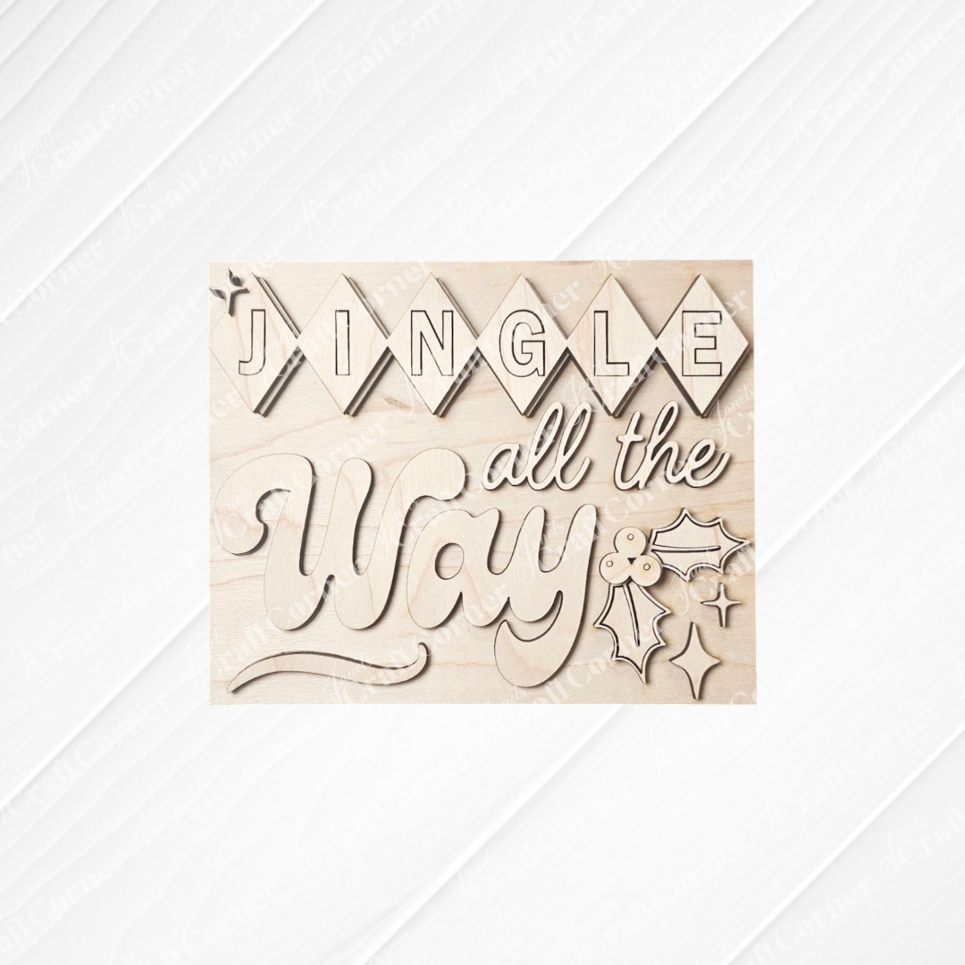 Janet's Craft Corner Merry Midcentury Modern Switchable Farmhouse Sign DIY kit: "Jingle all the Way" in script with festive banners and holly on light wood. Perfect for seasonal home decor or craft lovers. Set of 1.