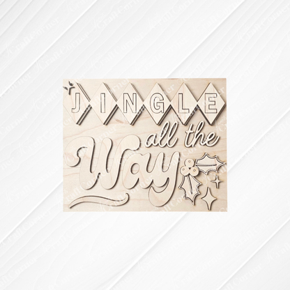 Janet's Craft Corner Merry Midcentury Modern Switchable Farmhouse Sign DIY kit: "Jingle all the Way" in script with festive banners and holly on light wood. Perfect for seasonal home decor or craft lovers. Set of 1.