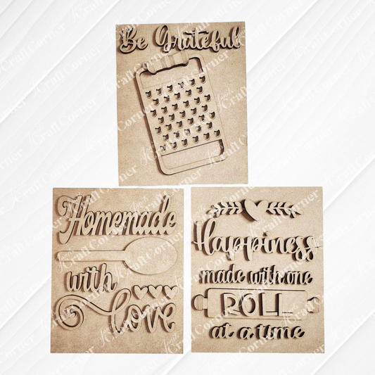 Janet's Craft Corner Kitchen Interchangeable Farmhouse Sign—DIY home decor kit includes "Be Grateful" (cheese grater), "Homemade with Love" (hearts), and "Happiness made one roll at a time" (rolling pin)—rustic kitchen charm in one set!.