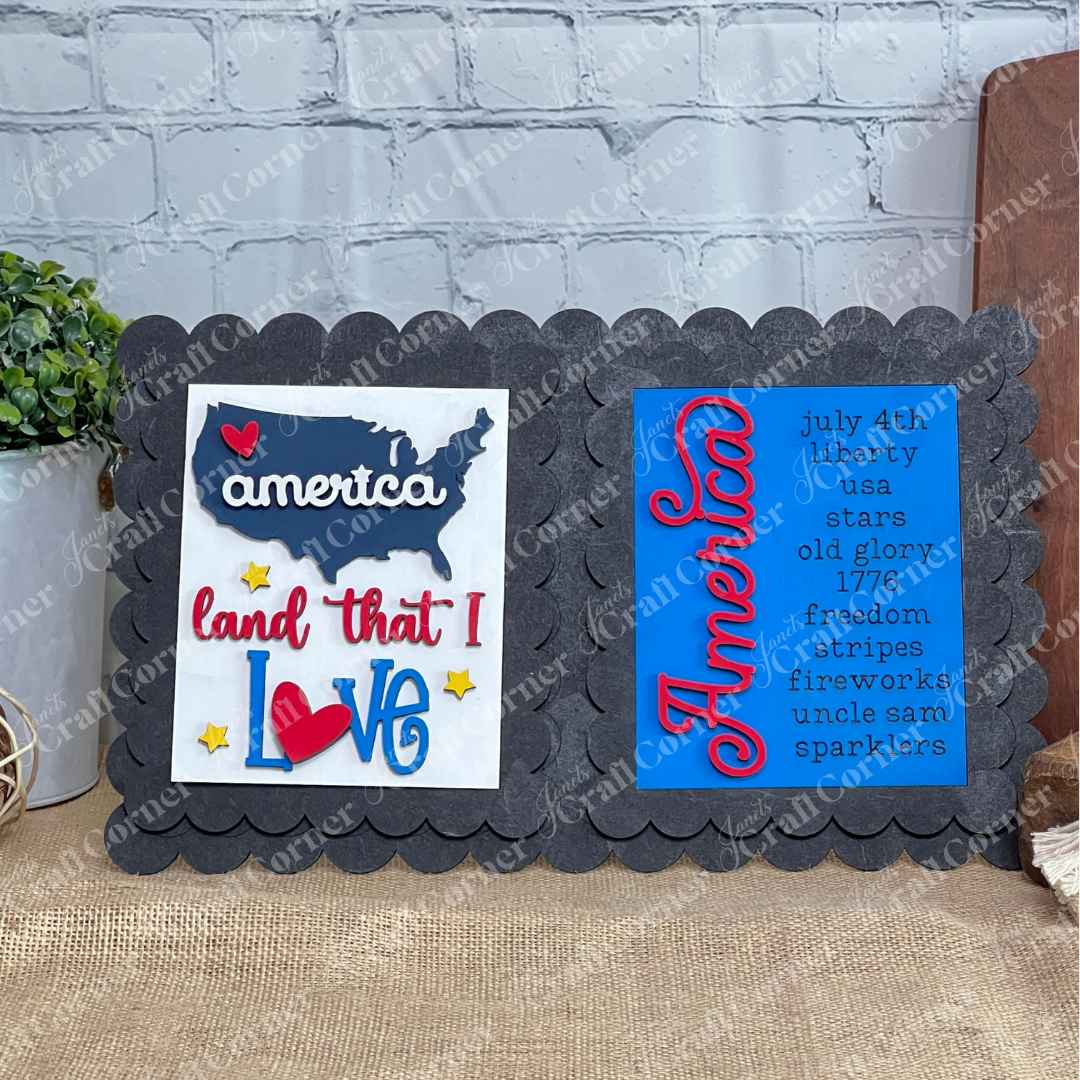 The Patriotic Farmhouse Signs DIY craft kit by Janet's Craft Corner is a reversible decor piece featuring a U.S. map with "america" and "land that I love" on one side, and festive words like "July 4th," "liberty," and "fireworks" on the other—ideal for tiered trays.
