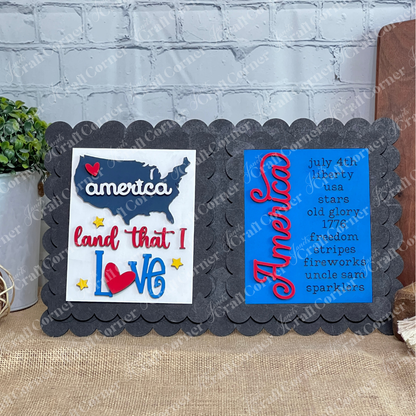 The Patriotic Farmhouse Signs DIY craft kit by Janet's Craft Corner is a reversible decor piece featuring a U.S. map with "america" and "land that I love" on one side, and festive words like "July 4th," "liberty," and "fireworks" on the other—ideal for tiered trays.