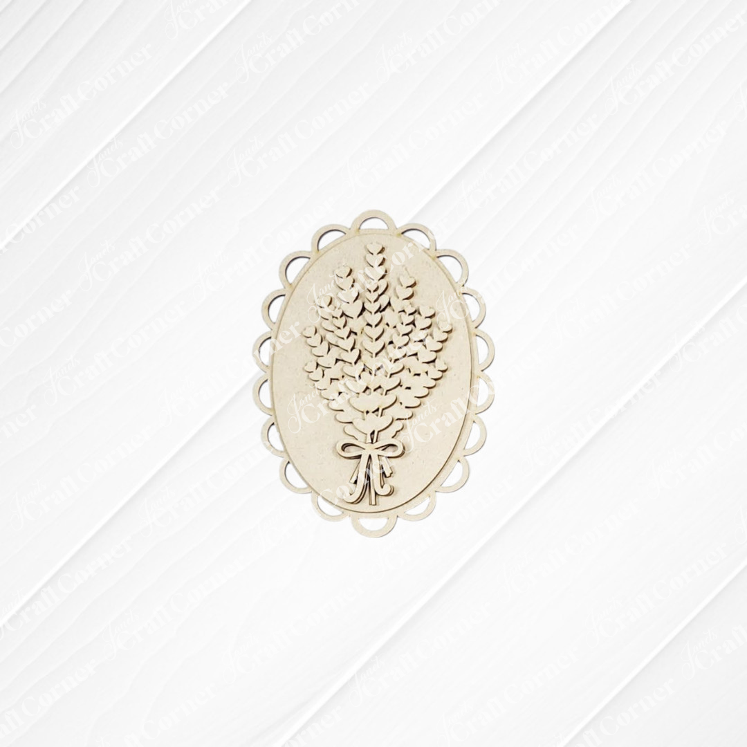 The Lavender Decor Set by Janet's Craft Corner features an oval wooden ornament with a scalloped edge and raised tied bouquet on a textured white background—ideal as an unfinished wood craft kit for DIY home decor.
