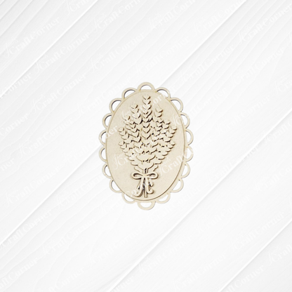 The Lavender Decor Set by Janet's Craft Corner features an oval wooden ornament with a scalloped edge and raised tied bouquet on a textured white background—ideal as an unfinished wood craft kit for DIY home decor.