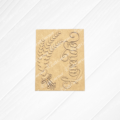 The Lavender Switchable Farmhouse Sign by Janet's Craft Corner features a kraft paper card with an engraved lavender bouquet and “Lavender” in cursive—ideal for tiered tray decor or small spaces, with a light background and subtle stripes.