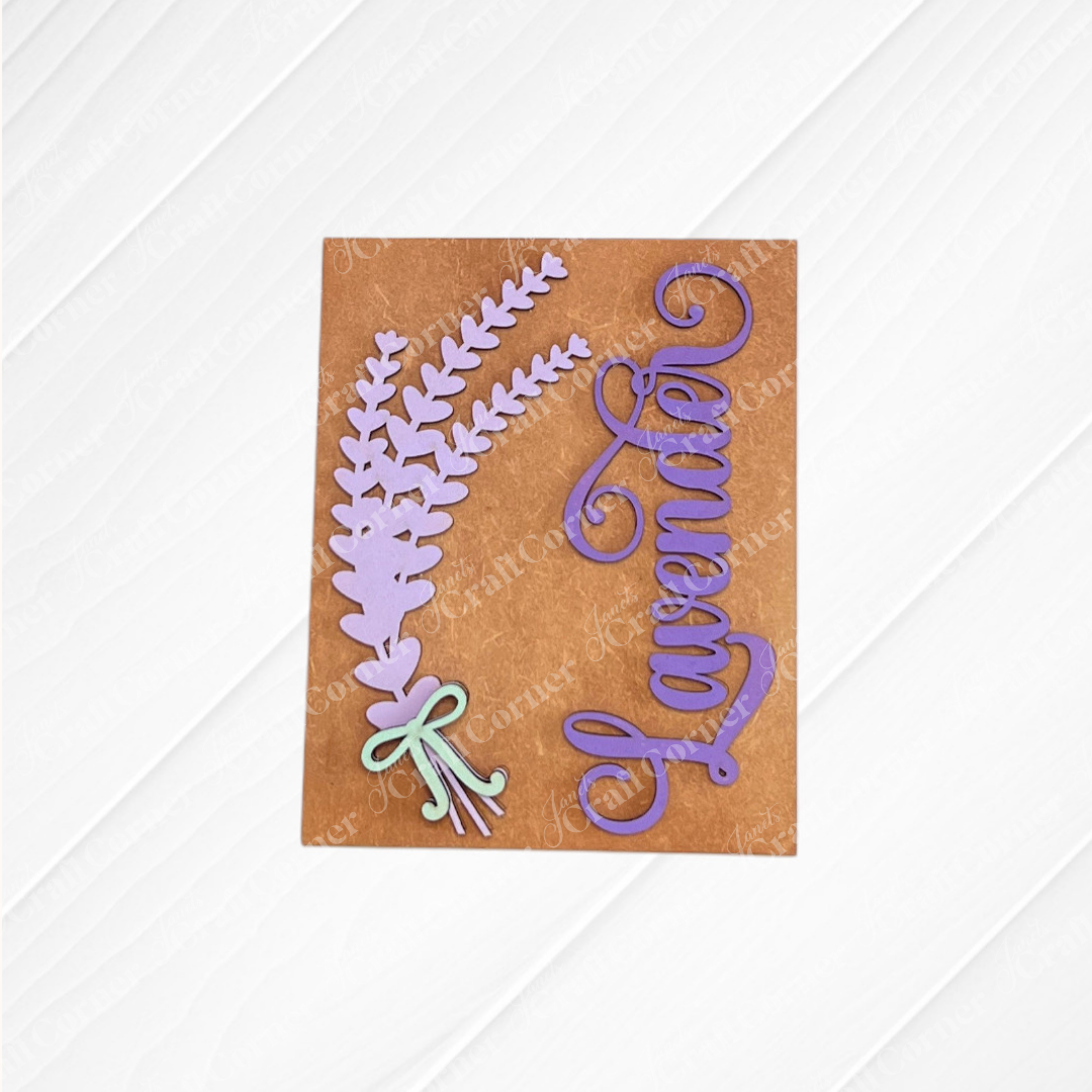 Janet's Craft Corner's Lavender Switchable Farmhouse Sign DIY kit features purple lavender sprigs with a green bow and "Lavender" script on brown—perfect for small space decor or to pair with tiered tray signs.