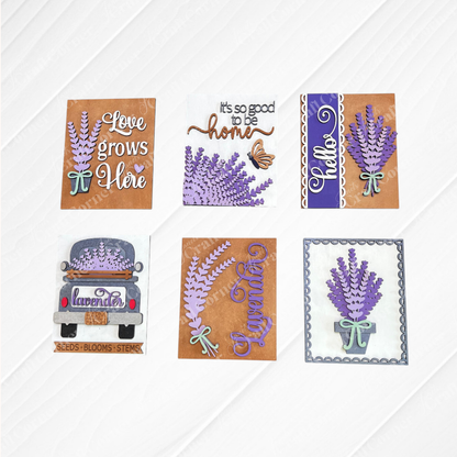 The Lavender Switchable Farmhouse Signs DIY craft kit by Janet's Craft Corner includes 1 sign featuring lavender designs and messages like "Love grows here"—perfect for small space decor or tiered tray accents.