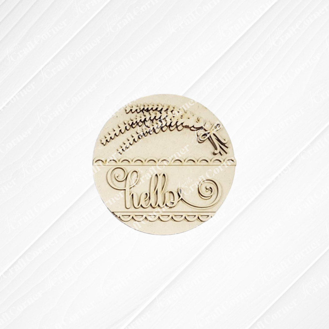A round, beige cookie inspired by Janet's Craft Corner's Lavender Decor Set features "hello" in cursive, swirls below, and a sprig with berries tied with a bow above—an edible twist on DIY style. White background with subtle diagonal lines.