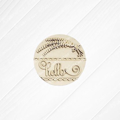 A round, beige cookie inspired by Janet's Craft Corner's Lavender Decor Set features "hello" in cursive, swirls below, and a sprig with berries tied with a bow above—an edible twist on DIY style. White background with subtle diagonal lines.