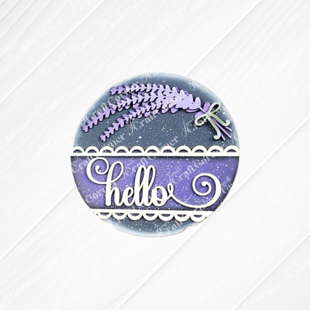 The Lavender Decor Set by Janet's Craft Corner includes a round card with a purple background, lavender sprigs tied with a bow, "hello" in white script, and a white lace border—perfect for DIY seasonal farmhouse decor.