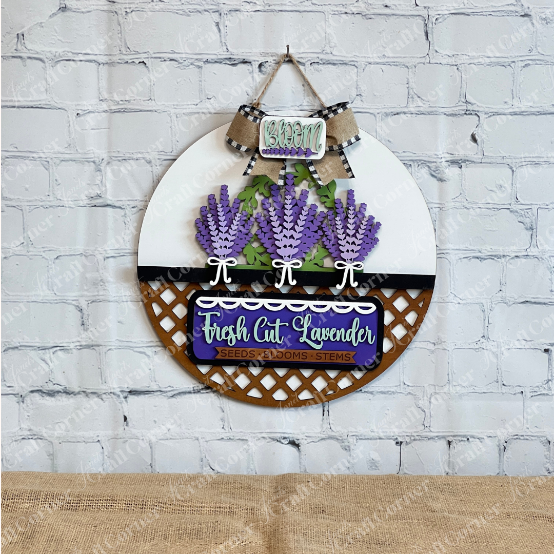 The Lavender Interchangeable Insert – DIY Craft Kit from Janet's Craft Corner features purple lavender flowers, greenery, and “Fresh Cut Lavender—Seeds, Blooms, Stems,” perfect for charming farmhouse décor.