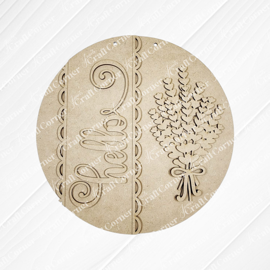 Janet's Craft Corner Lavender Hello Door/Wall Hanger is an unfinished DIY seasonal home decor kit with scalloped edges, “Hello” in script, and a floral bouquet design. Set of 1; available in 2 sizes—ready to paint or decorate as you like.