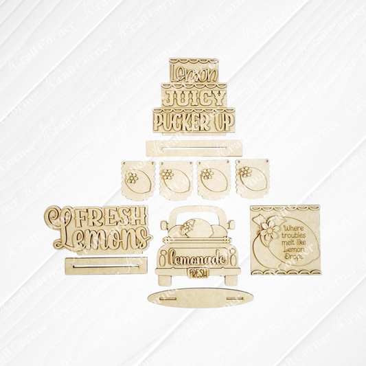 Janet's Craft Corner Lemon Decor Set: laser-cut wooden DIY home decor pieces with farmhouse accents—"Lemon JUICY PUCKER UP," "Fresh Lemons," a lemonade truck, and a sign reading "Where troubles melt like lemon drops.