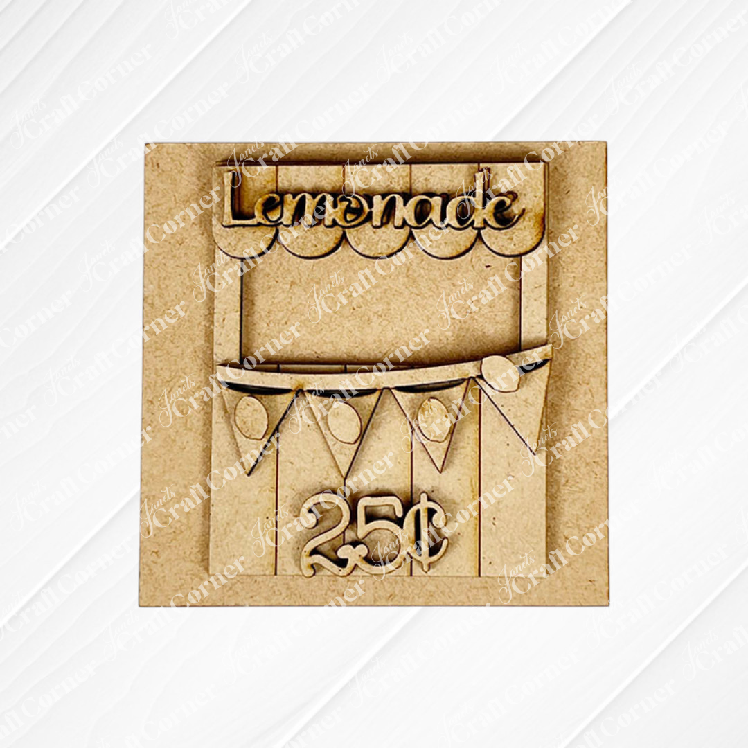 Janet's Craft Corner Lemon Squares: Wooden cutout of a lemonade stand with a "Lemonade" sign, pennant flags, and "25¢" below—ideal for DIY seasonal decor or pairing with Swappable Squares for extra charm.