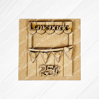 Janet's Craft Corner Lemon Squares: Wooden cutout of a lemonade stand with a "Lemonade" sign, pennant flags, and "25¢" below—ideal for DIY seasonal decor or pairing with Swappable Squares for extra charm.