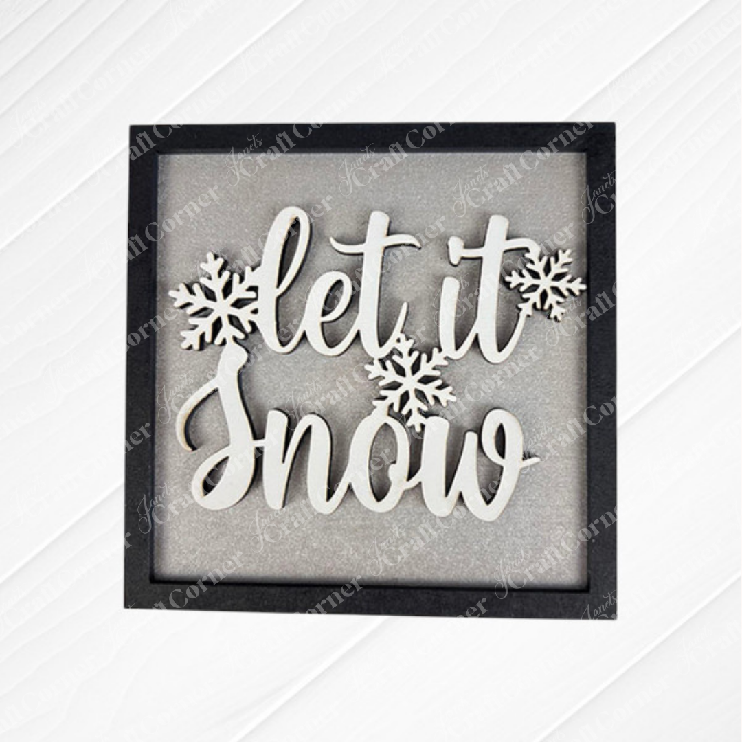 Snow Squares" by Janet's Craft Corner features "let it snow" in white cursive and three snowflakes on a gray background—an ideal DIY seasonal decor insert for Swappable Square Displays.