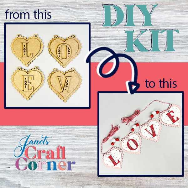 Unleash your creativity with the L-O-V-E Banner! Transform simple wooden heart shapes into beautiful home décor featuring red accents and beads, guided by a blue arrow. Perfect for craft enthusiasts, exclusively at Janet's Craft Corner.