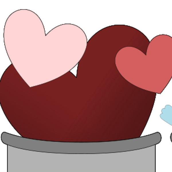 Illustration of a gray pot filled with three hearts in varying shades of pink and red, symbolizing love and care. The colorful hearts contrast beautifully with the simplicity of the pot, making it an ideal addition to Janet's Craft Corner's Love Birds Train Inserts or any DIY kit for crafting enthusiasts.