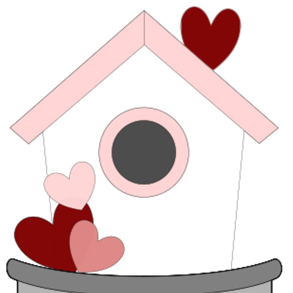 Illustration of Janet's Craft Corner's Love Birds Train Inserts, featuring a white birdhouse with a delightful pink roof. Charming red and pink heart shapes embellish the roof and perch area, making it a perfect addition to any DIY kit with a touch of Valentine's allure.