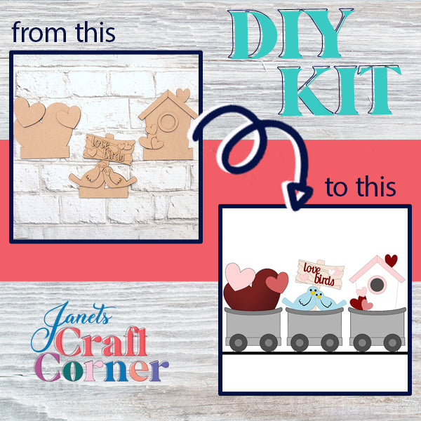 An advertisement from Janet's Craft Corner presents a DIY kit that transforms plain wooden cutouts of birds and houses into the colorful "Love Birds Train Inserts," featuring an interchangeable train shelf sitter adorned with Valentine’s-themed birdhouses and hearts. Bold text stating "from this to this" is set against a light wood-textured background.