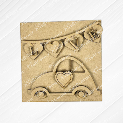 The Valentine Squares kit from Janet's Craft Corner features a car with heart shapes and a "LOVE" bunting—each letter in a heart. Ideal as DIY seasonal or tiered tray decor, it adds charm to neutral home backgrounds.