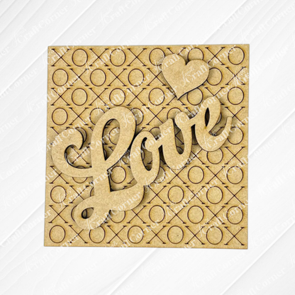 Love Squares by Janet's Craft Corner features a light, textured wooden panel with a grid of circles and Xs, "Love" in cursive, and a heart on top—ideal DIY decor or as a swappable square sign for any season.