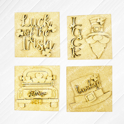 Janet's Craft Corner Lucky Irish Squares: four fun St. Patrick’s Day cut-outs—“Luck of the Irish” with shamrocks, “LUCK” leprechaun, shamrock truck with “Irish,” and a leprechaun hat saying “lucky.” Perfect for tiered tray decor!.