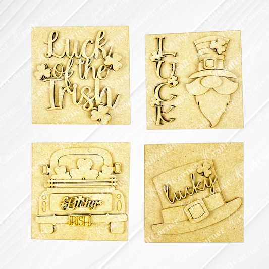 Janet's Craft Corner Lucky Irish Squares: four fun St. Patrick’s Day cut-outs—“Luck of the Irish” with shamrocks, “LUCK” leprechaun, shamrock truck with “Irish,” and a leprechaun hat saying “lucky.” Perfect for tiered tray decor!.