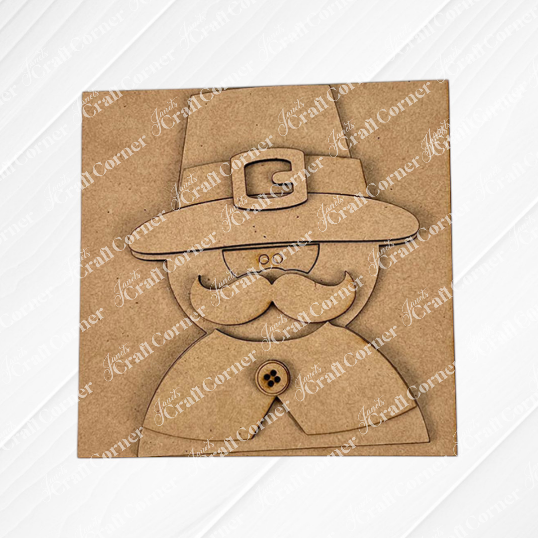 The Harvest Blessings Thanksgiving Squares by Janet's Craft Corner is a laser-cut MDF pilgrim cut-out with a hat, mustache, big belt buckle, and buttoned shirt—perfect for tiered tray decor or your Swappable Squares collection.