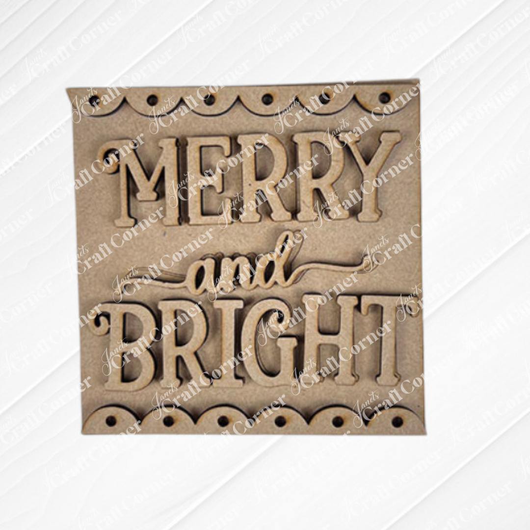 The Merry Christmas Squares by Janet's Craft Corner is a wooden sign with "MERRY and BRIGHT" in bold letters and decorative scalloped edges—perfect for DIY holiday decor or as a swappable accent on your tiered tray.