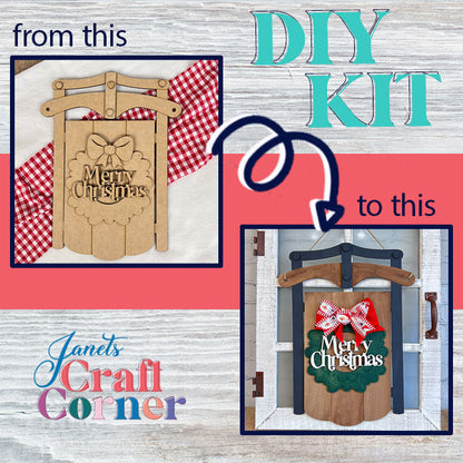 The Merry Christmas Sled from Janet's Craft Corner is a DIY kit that turns an unfinished wooden sled into delightful home décor. Once completed, it features a bow, greenery, and festive paint. An arrow shows the progression from "this" to "this," celebrating your joyful holiday journey in creativity and decoration.