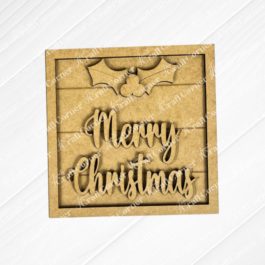 Janet's Craft Corner Merry Christmas Squares: Light wood plaque with "Merry Christmas" in cursive and a holly leaf. Ideal for DIY seasonal decor and fits Swappable Square Displays for simple holiday updates.