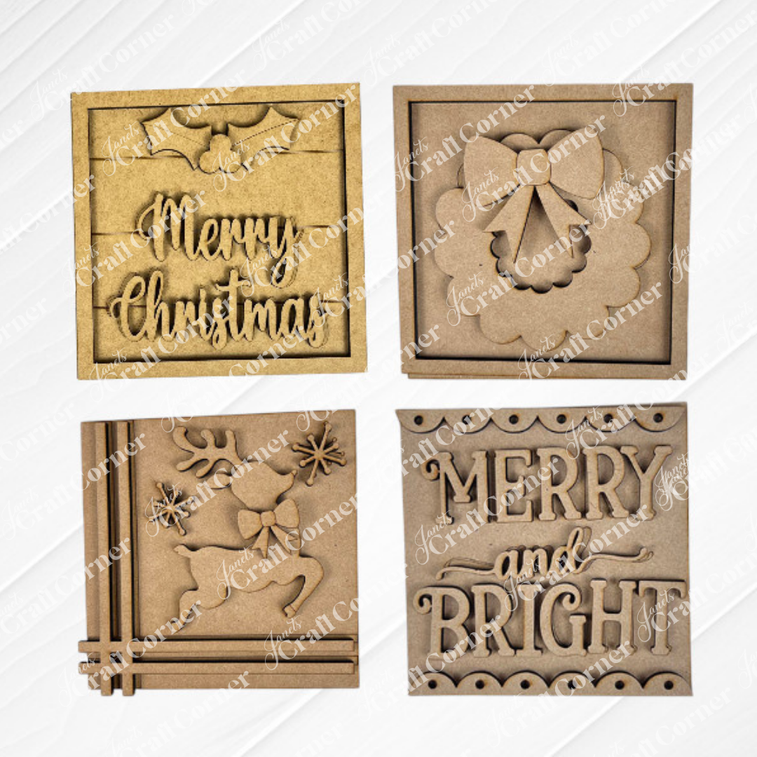 Janet's Craft Corner Merry Christmas Squares features four wooden ornaments: “Merry Christmas” with holly, a bell and bow, a reindeer with stars, and “Merry and Bright”—perfect for DIY holiday décor or swappable displays.