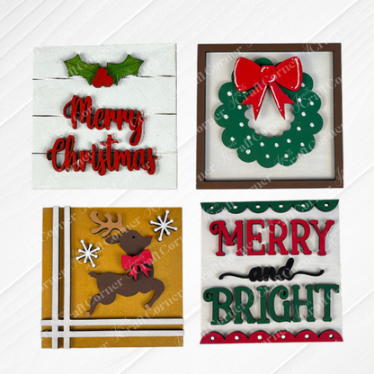 Janet's Craft Corner Merry Christmas Squares include four festive DIY decorations: "Merry Christmas" with holly, a wreath with red bow, a reindeer with ribbon, and "Merry and Bright," perfect for Swappable Square Displays.