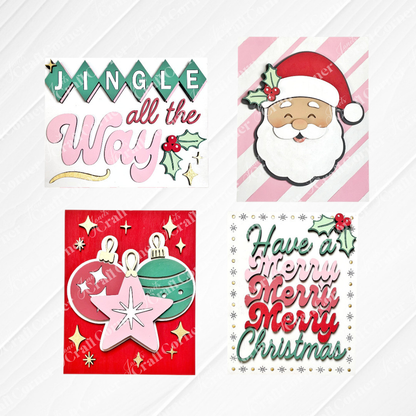 Four festive holiday cards—“Jingle all the way” with holly, Santa, ornaments, and “Have a Merry Merry Merry Christmas”—pair perfectly with Janet’s Craft Corner Merry Midcentury Modern Switchable Farmhouse Signs DIY decor kit.