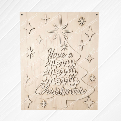 Janet's Craft Corner "Have a Merry Christmas Tree Wall Hanger" DIY craft kit includes a laser-cut wooden plaque with festive stars, perfect as seasonal decor or a unique holiday wall hanger. Set of 1.