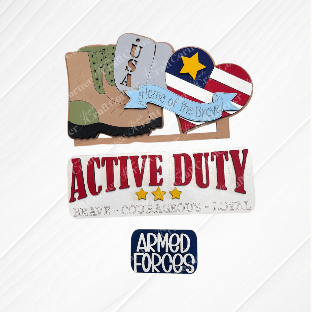 Enhance your craft collection with Janet's Craft Corner's Military Interchangeable Insert DIY home decor kit. The set includes military-themed embellishments: a "USA" boot, a stars and stripes heart, and the phrases "Home of the Brave," "Active Duty," and "Brave, Courageous, Loyal.
