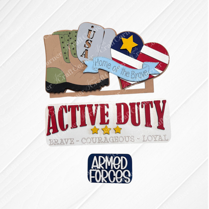 Enhance your craft collection with Janet's Craft Corner's Military Interchangeable Insert DIY home decor kit. The set includes military-themed embellishments: a "USA" boot, a stars and stripes heart, and the phrases "Home of the Brave," "Active Duty," and "Brave, Courageous, Loyal.