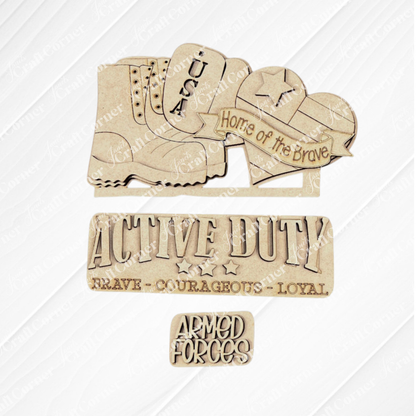 Janet's Craft Corner presents the Military Interchangeable Insert, a DIY home decor kit that showcases wooden cutouts with military themes on a textured background. The set includes items such as a boot, dog tags, and cap emblazoned with "USA" and "Home of the Brave." It features phrases like "Active Duty" and "Armed Forces," making it perfect for creating interchangeable patriotic displays in your home.